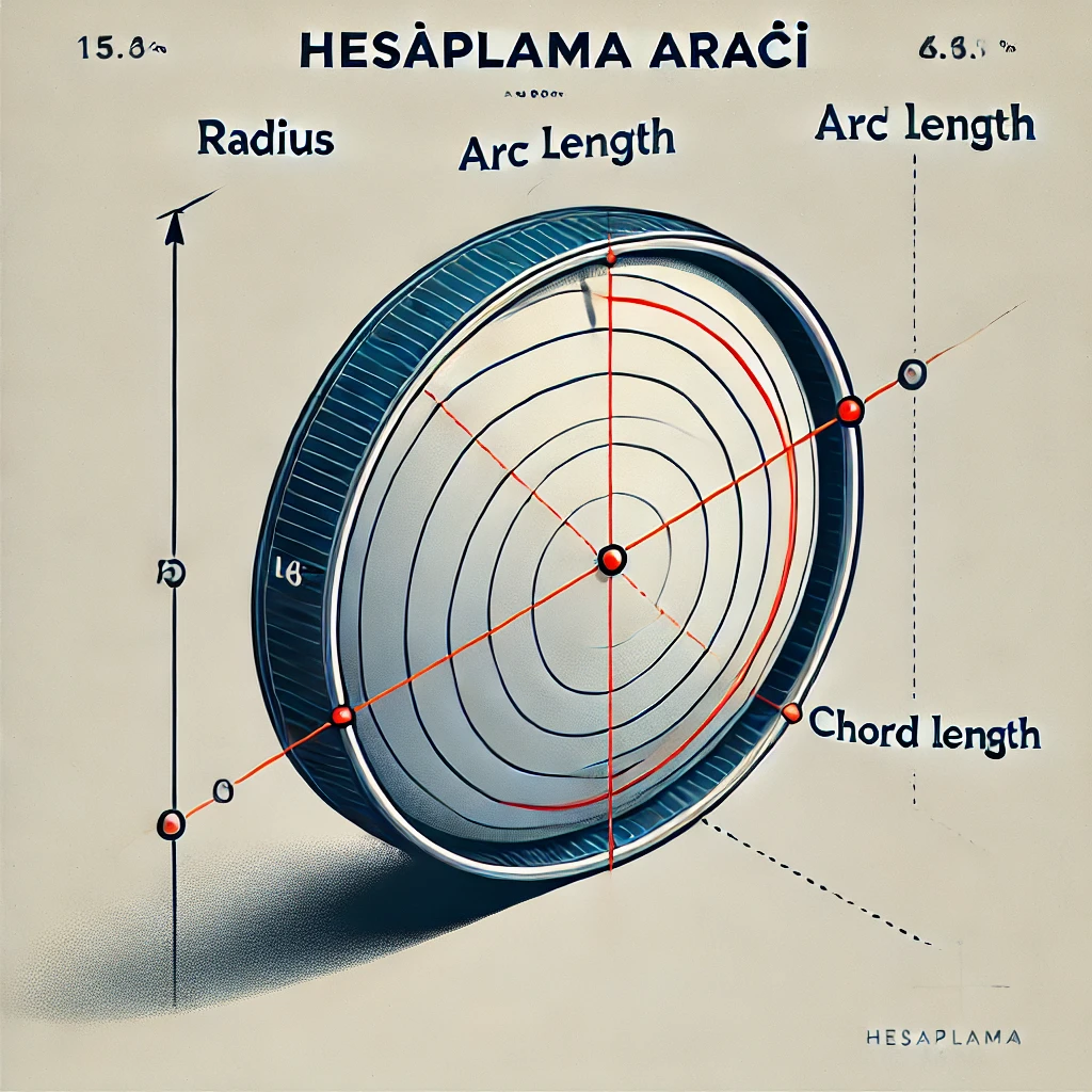 Bir dairenin teknik çizimi: merkez çapı (yeşil), yay uzunluğu (kırmızı) ve kiriş uzunluğu (mavi) etiketlenmiş. Hesaplama Aracı başlığı ile eğitim amaçlı bir görsel.